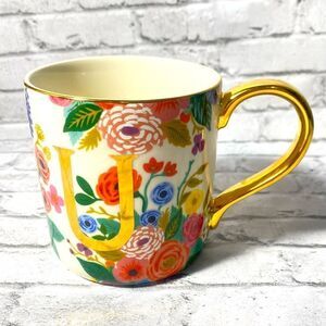 Anthropologie‎ Rifle Paper Co Coffee Tea Cup Mug Floral + Gold Trim Monogram “U”
